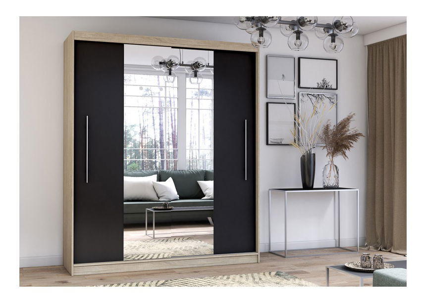 Šatní skříň Thovan (dub sonoma + černá + zrcadlo)