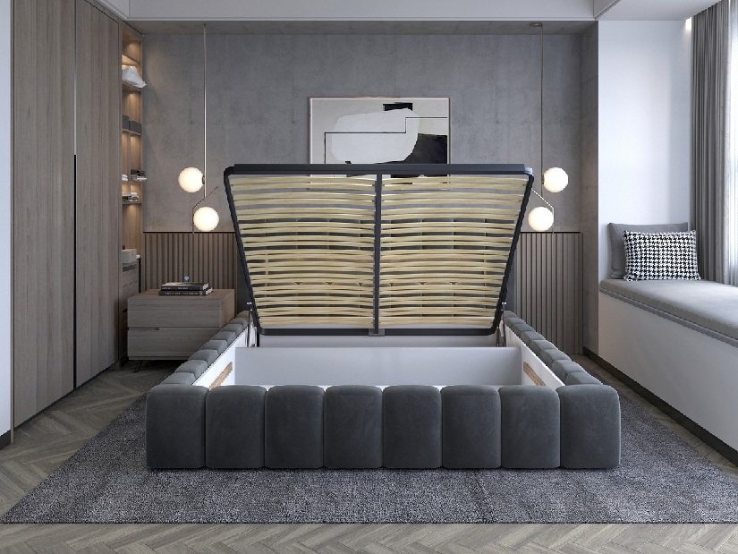 Manželská postel 140 cm Luxa (antracit) (s roštem, úl. prostorem a LED)