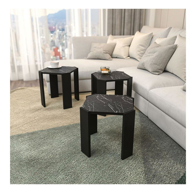 Set 3 konferenčních stolků Lorizolla (mramor černý + černá)