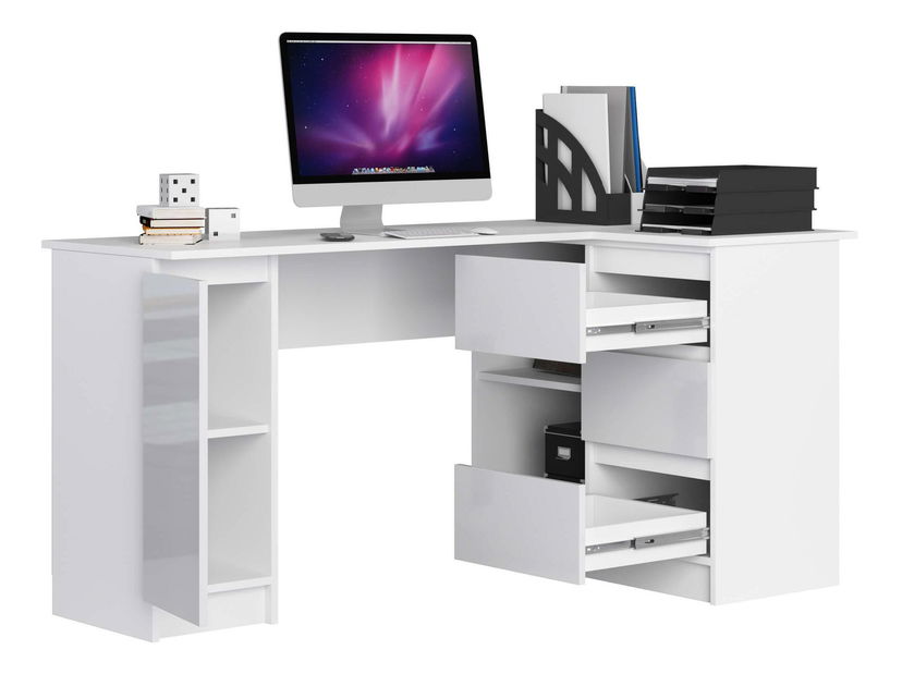 Rohový PC stolek Bevin (lesk bílý) (P)