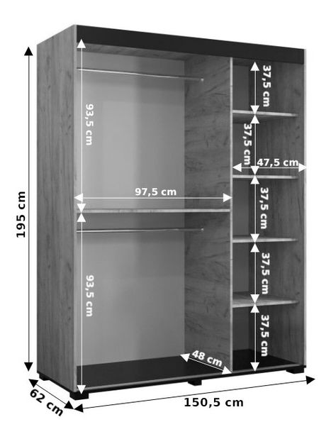 Šatní skříň 150 cm Bernard V2 (dub craft zlatý + černá)