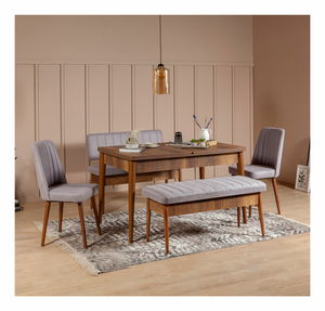 Rozkládací jídelní stůl se 2 židlemi a 2 lavicemi Vlasta (ořech + šedá)