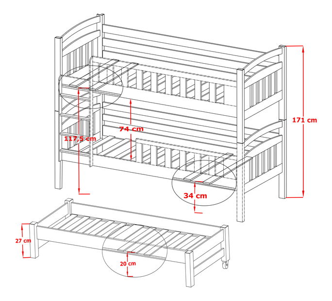 Dětská postel 90 cm VIOLA (s roštem a úl. prostorem) (borovice)