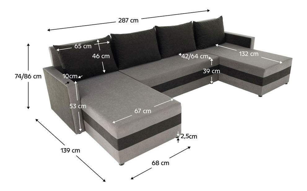 Rohová sedačka ve tvaru U Paulati (šedá + černá) (rozkládací s úl. prostorem)