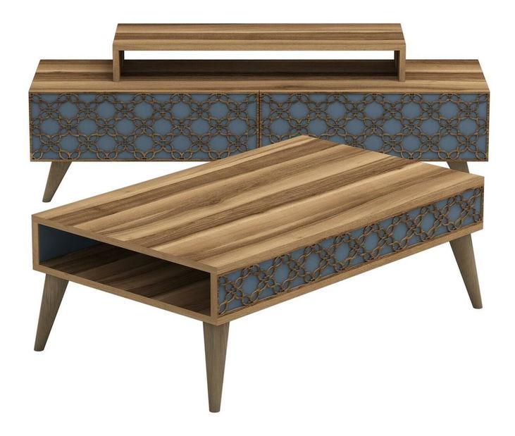 Sestava nabytku do obývacího pokoje Clementine (ořech + modrošedá)