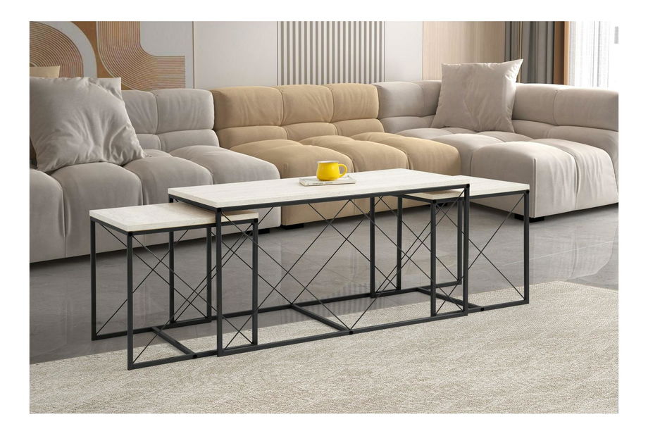 Set 3 konferenčních stolků Defenella (mramor + černá)