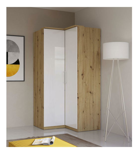 Rohová šatní skříň Centaury Typ 16 (dub artisan + bílý lesk)