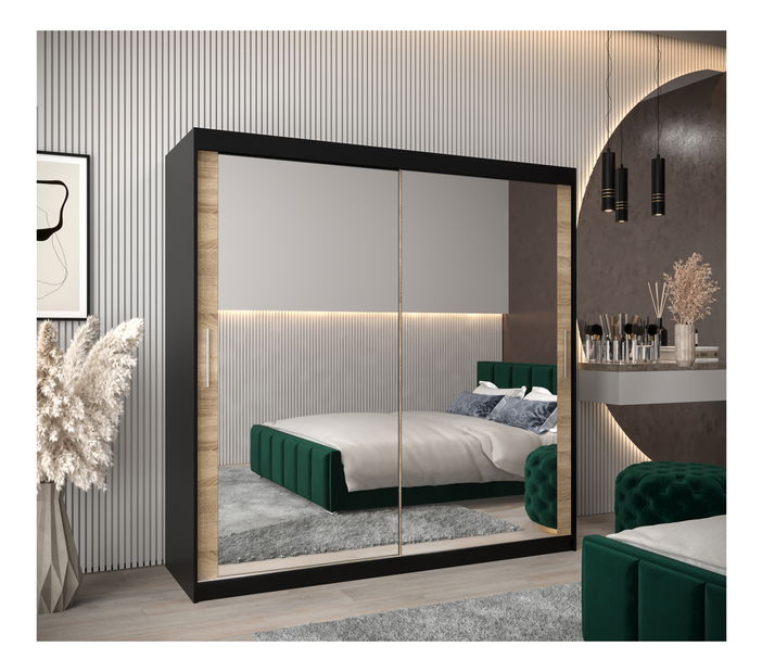Šatní skříň 200 cm Toki 3 (Černá matná + Dub sonoma)