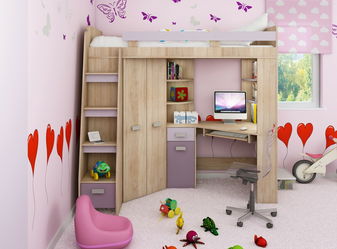 Rohová patrová postel Alina (L) Sonoma + fialová (s roštem)