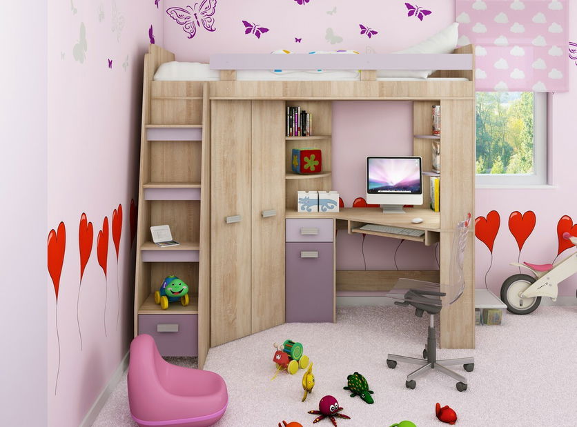 Rohová patrová postel Alina (L) Sonoma + fialová (s roštem)