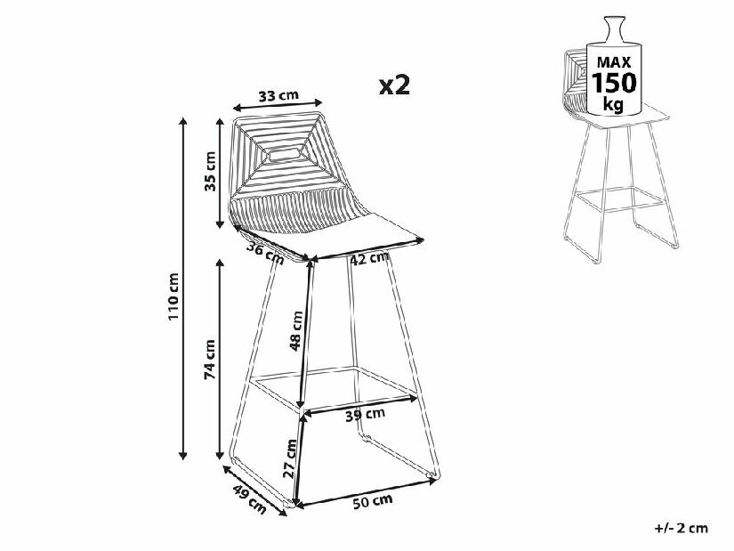 Set 2 ks barových židlí Bethel (stříbrná)