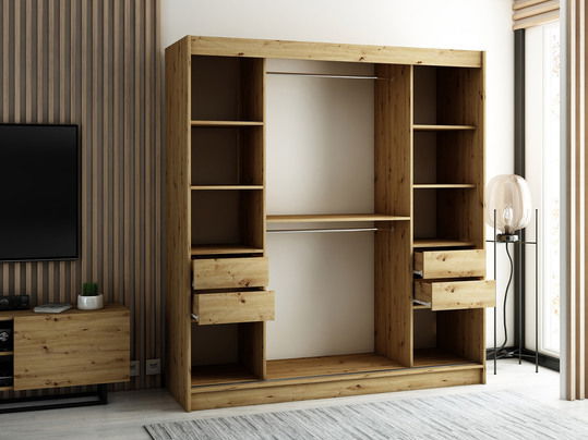 Skříň s posuvnými dveřmi Bran 200cm (dub artisan + černý mat + dub artisan) (ne)