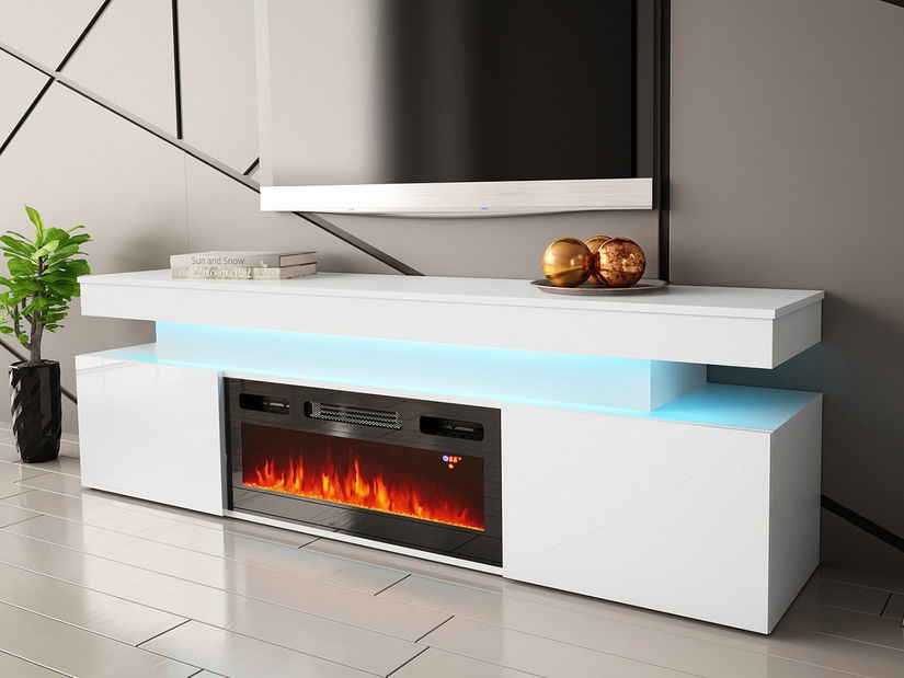 TV skříňka s krbem Lesteralo EF 2D 190 (bílá + lesk bílý) (s modrým LED osvětlením)