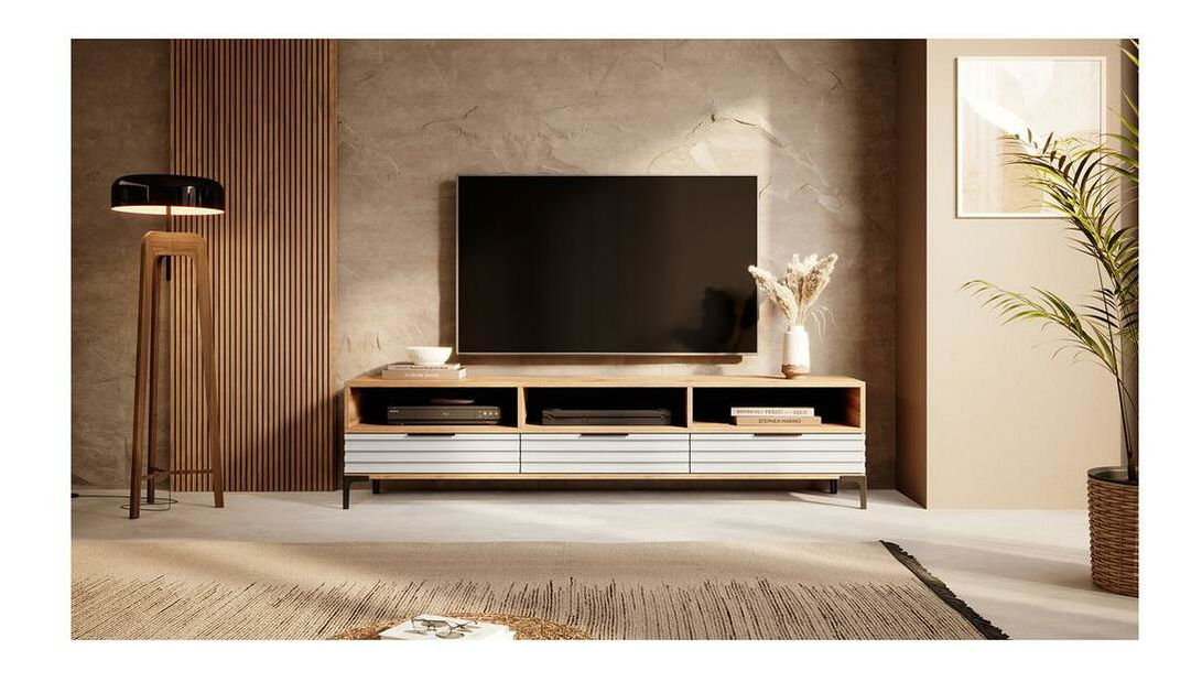 TV skříňka/stolek Ricko 3D (s osvětlením) (dub přírodní + bílá)