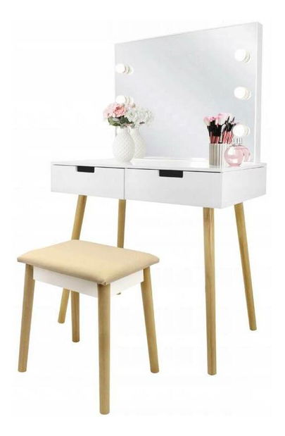 Toaletní stolek s taburetkou Omiko (s LED osvětlením) (bílá + béžová)