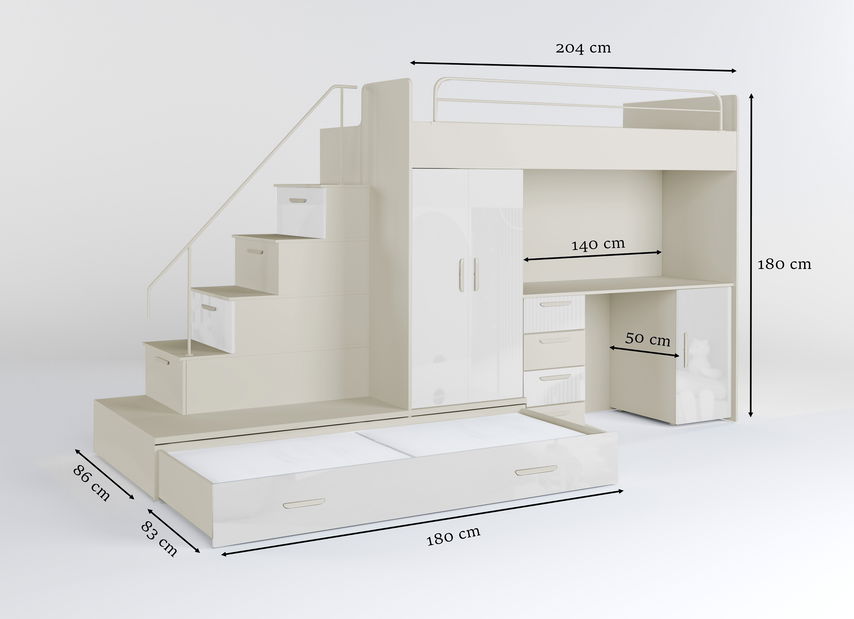 Dětská postel Ruby V (kašmír + lesk bílý) (s rošty)