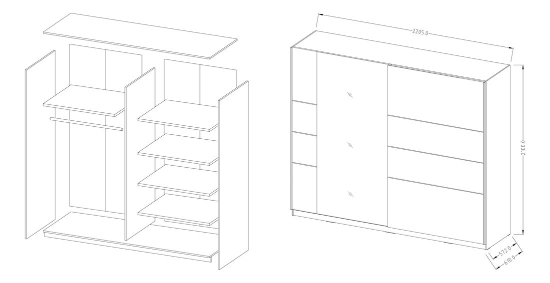 Šatní skříň Benson Typ 58 (bílá + lesk bílý + zrcadlo)