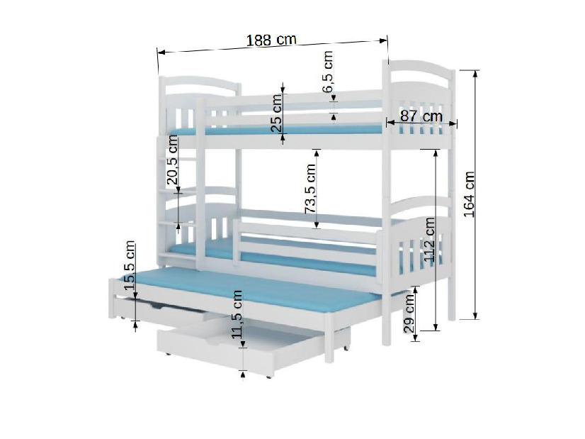 Patrová dětská postel 180x80 cm Aladar (s roštem) (bílá)