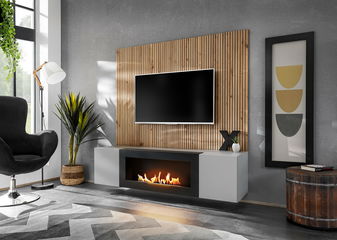 Obývací stěna Xavus L2-K (perla grey + dub artisan) (s bio krbem)