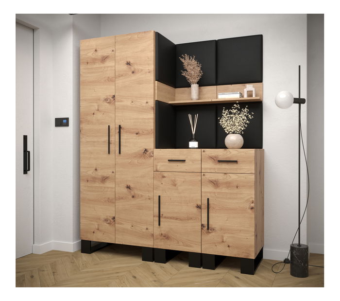 Předsíňová sestava Amanda 7 (dub artisan + černá ekokůže)