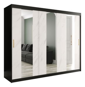 Šatní skříň 250 cm Marbelo P (matná černá + bílý mramor)