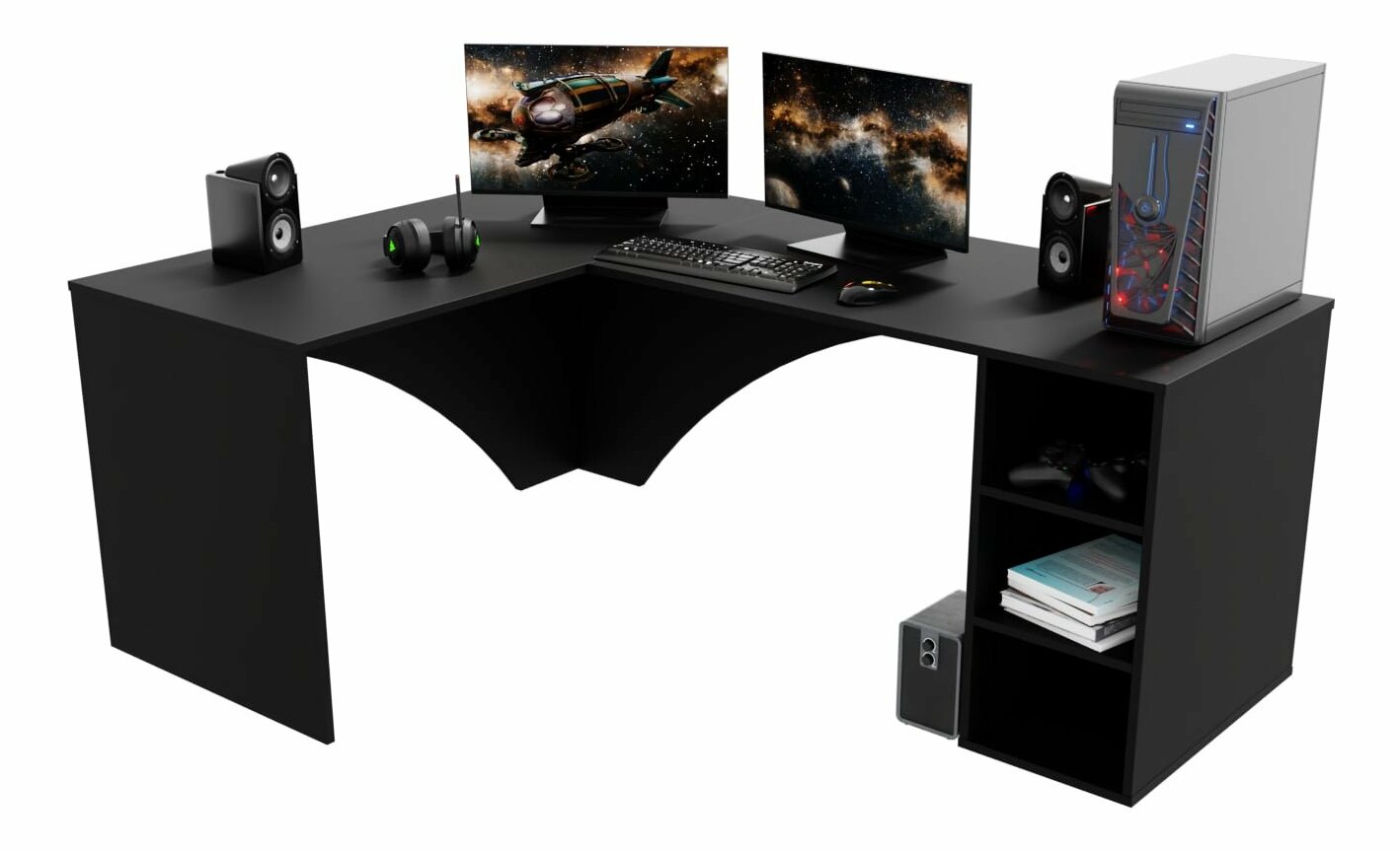 Rohový herní pc stůl Carbon (černá) (L) (bez osvětlení)