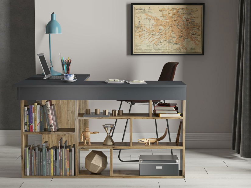Rohový PC stolek Dinilo (antracit + borovice atlantická)