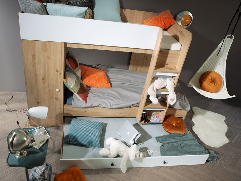 Dětská kombinovaná postel 90 cm Sami 2 (dub artisan + matná bílá + černá madla)