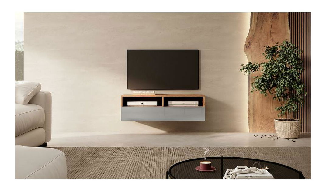 TV skříňka/stolek Redcan 100 (s osvětlením) (dub wotan + šedá)