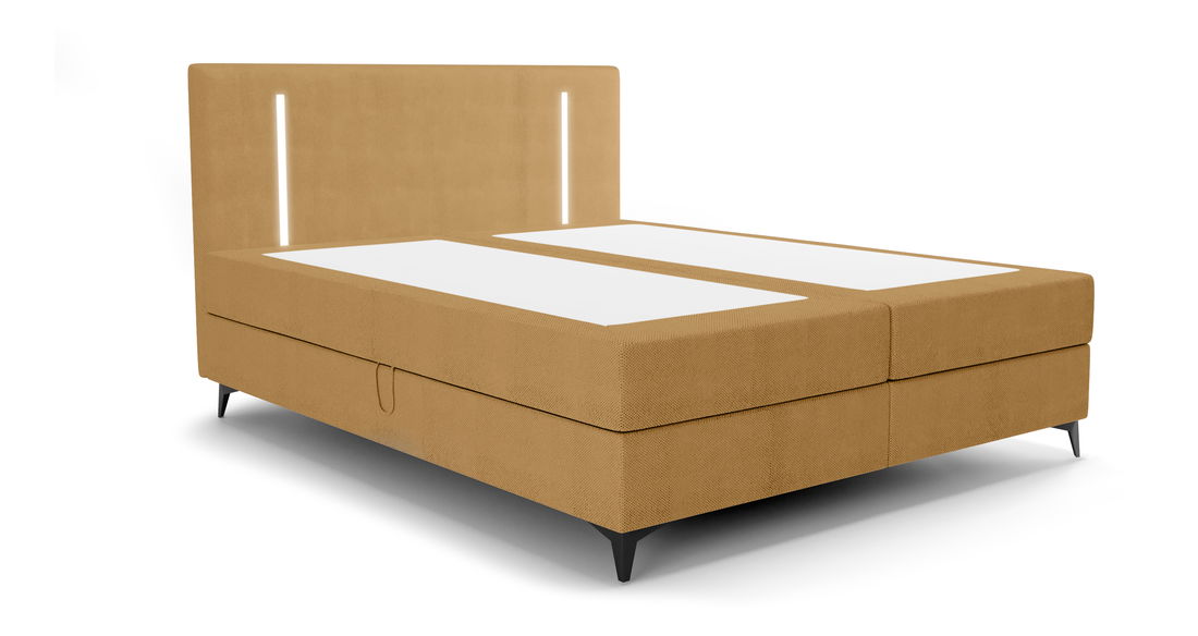 Manželská postel 140 cm Ortega Bonell (hořčičná) (s roštem, s úl. prostorem) (s LED osvětlením)