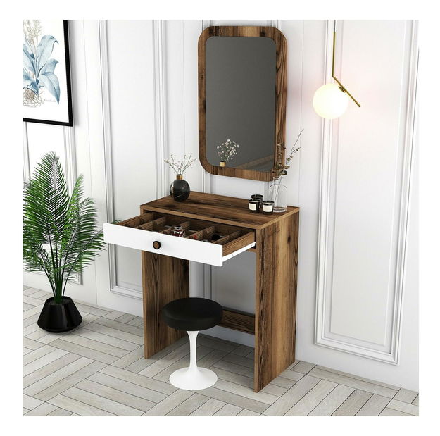 Toaletní stolek Logan 1 (bílá + ořechové dřevo) (se zrcadlem)