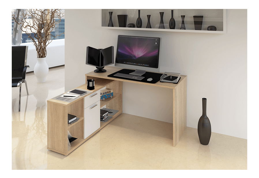 Rohový PC stolek Norrix MT959 (dub sonoma + bílá)