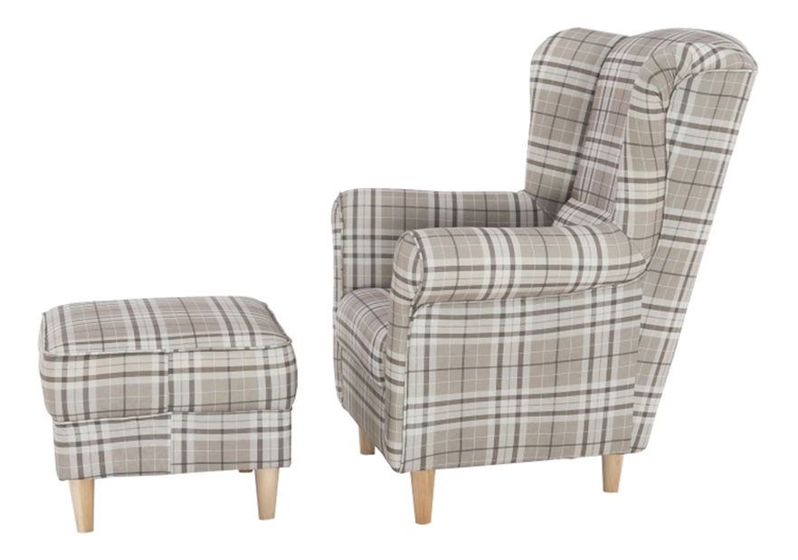 Křeslo ušiak s taburetem Aevo (hnědé káro)