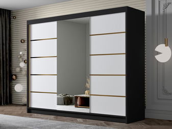 Šatní skříň s posuvnými dveřmi Gamarut VI 200 (černá + bílá + zlatá) (se zrcadlem)