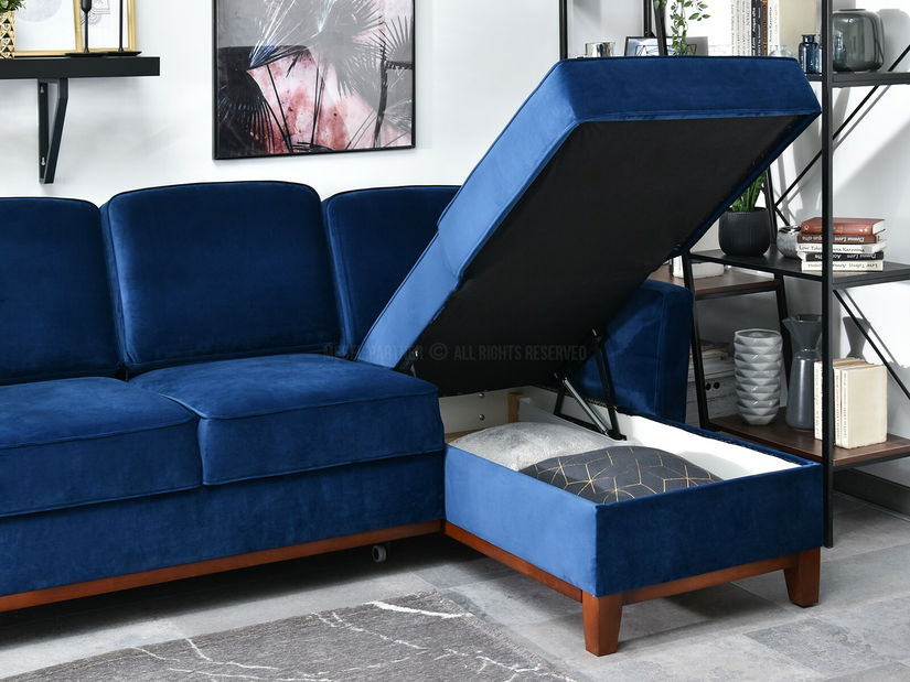 Rohová sedačka Biblioteca (tmavě modrá + ořech)