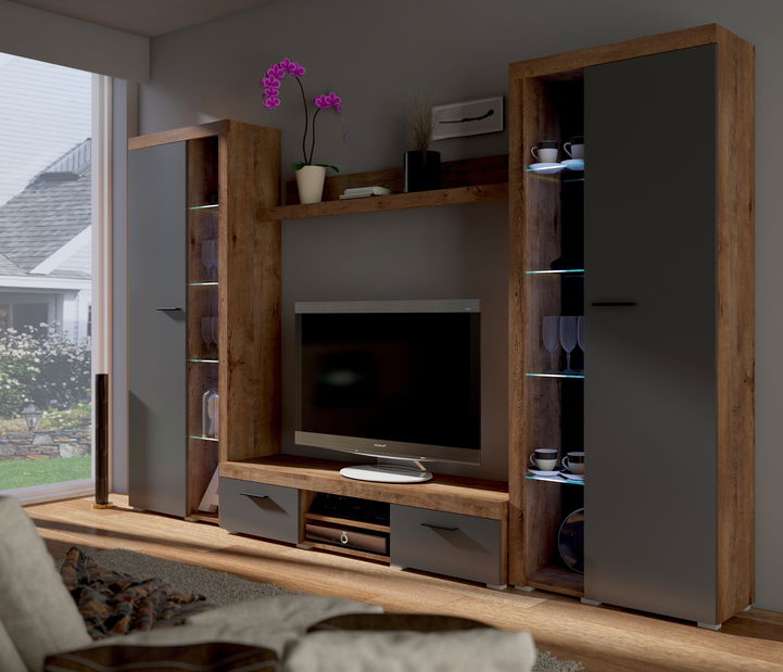 Obývací stěna Rudby XL (dub lefkas + grafit) (bez osvětlení)