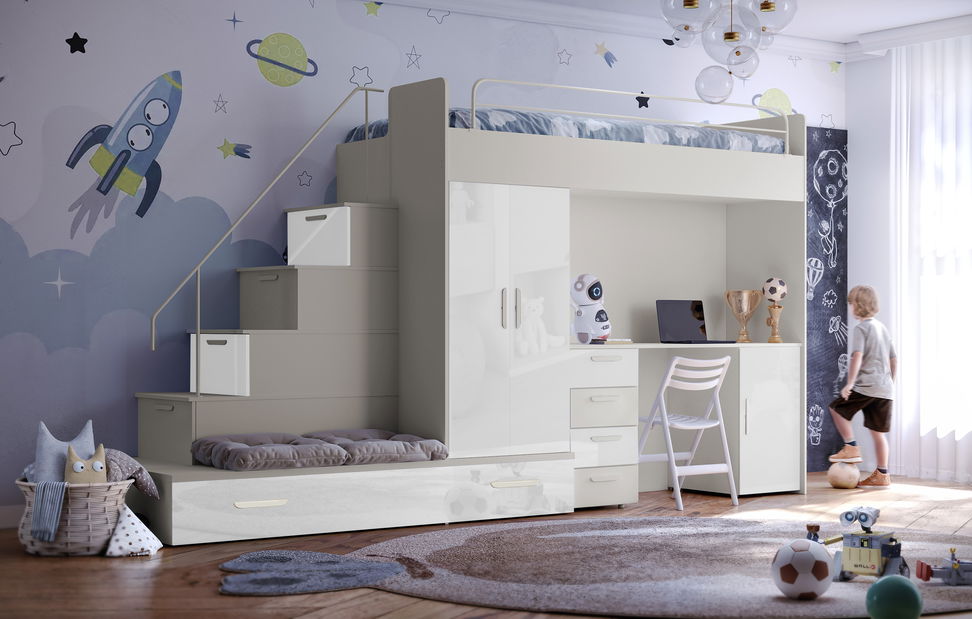 Dětská postel Ruby V (kašmír + lesk bílý) (s rošty)