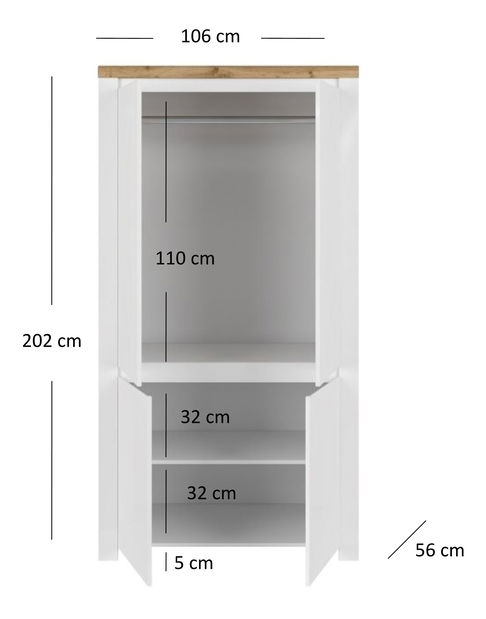Šatní skříň Vina (bílá lesklá + dub wotan)