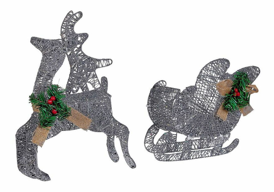 Venkovní dekorace sáně a sob Ethan (stříbrná) (s osvětlením)