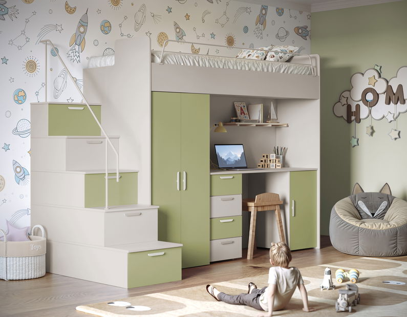 Dětská postel Ruby IV S (kašmír + olivová zelená) (s rošty)