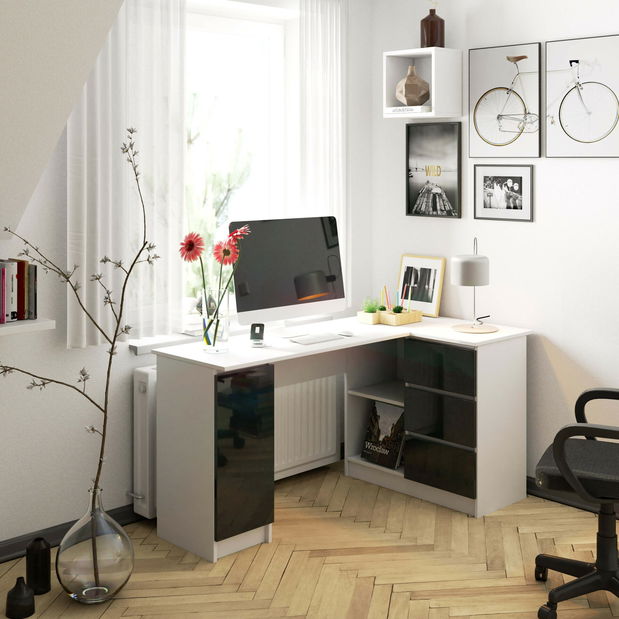 Rohový PC stolek Bevin (grafit lesk) (P)