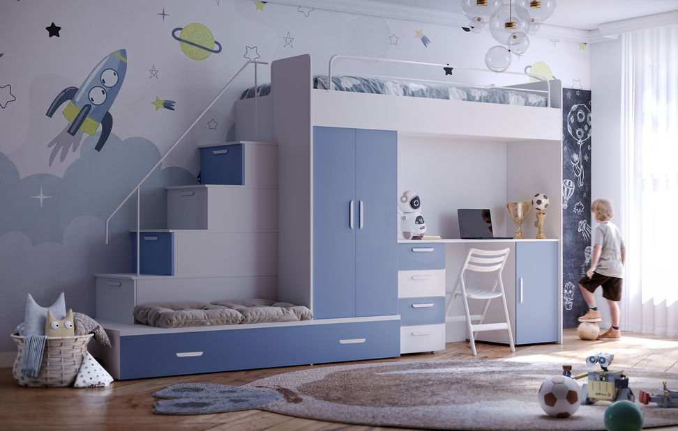 Dětská postel Ruby V (bílá + světle modrá) (s rošty)
