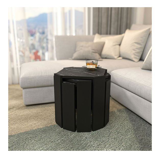 Set 3 konferenčních stolků Lorizolla (mramor černý + černá)