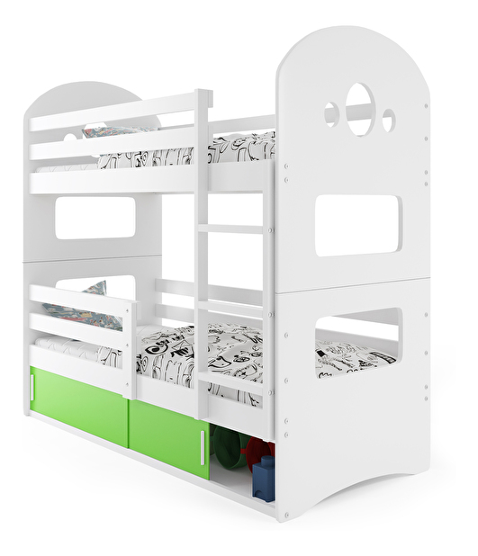 Patrová postel 80 x 190 cm Domur (bílá + zelená) (s rošty, matracemi a úl. prostorem)