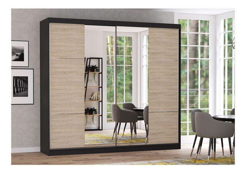 Šatní skříň Mebur 36 230 (černá + dub sonoma + zrcadlo)