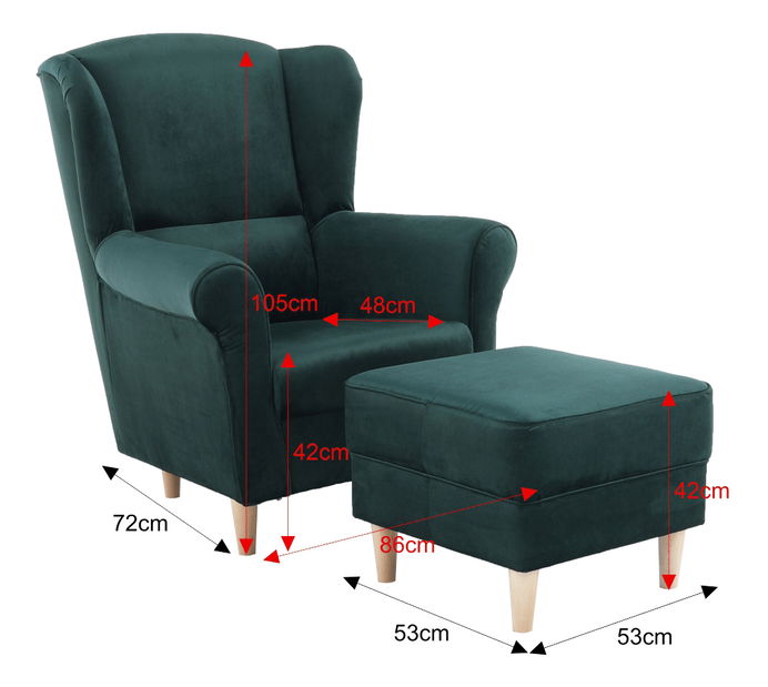 Křeslo ušák s taburetem Aevo (smaragdová)