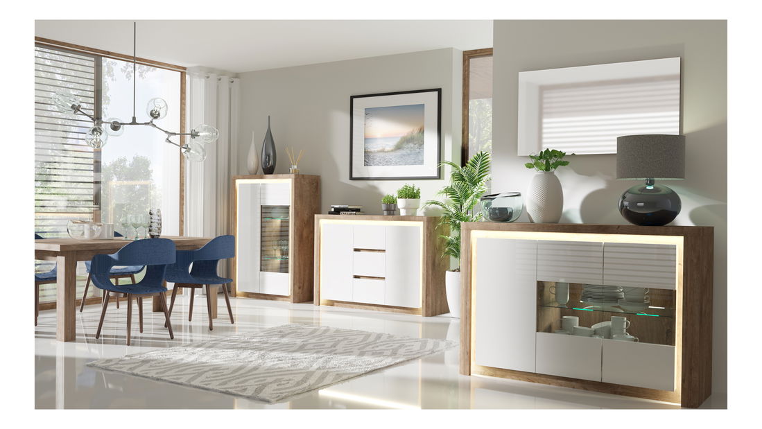 Vitrína Livia 05 (s LED osvětlením) (dub ribbeck + bílý lesk)