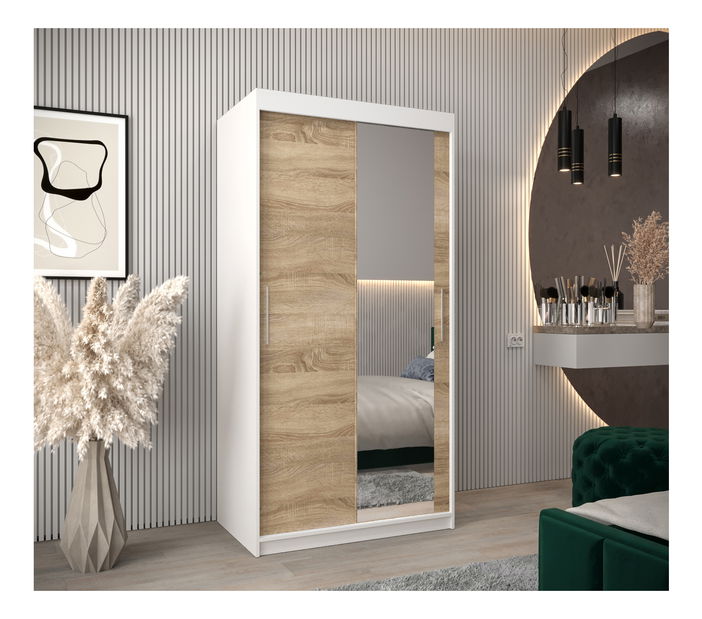 Šatní skříň 100 cm Toki 2 (Bílá matná + Dub sonoma)