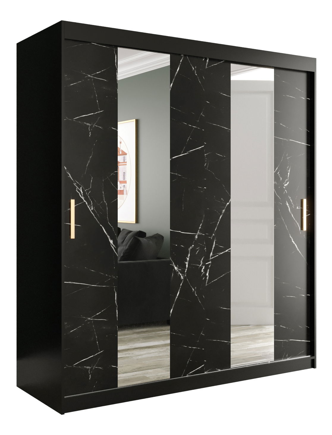 Šatní skříň 180 cm Marbelo P (matná černá + černý mramor)