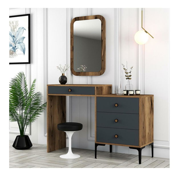 Toaletní stolek Logan 2 (antracit + ořechové dřevo) (se zrcadlem)